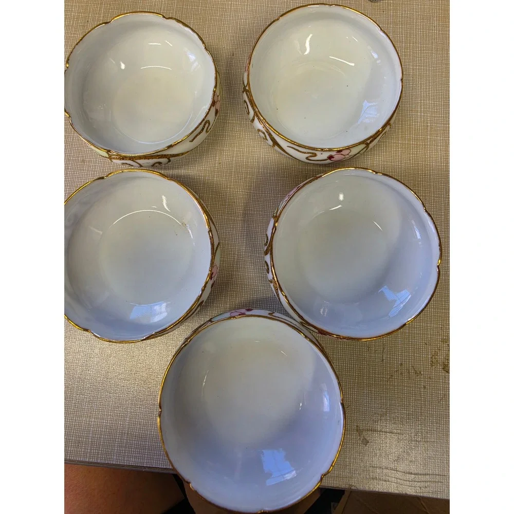 Vintage Hand Painted Japan Porcelain Nut Bowls Salt Cellars Gold Moriage Set 5